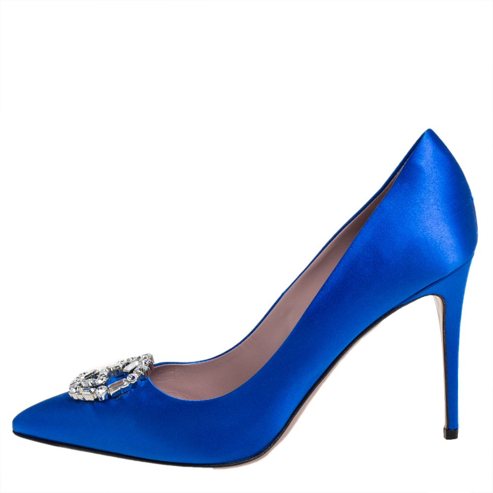 

Gucci Blue Satin GG Crystal Pointed Toe Pumps Size