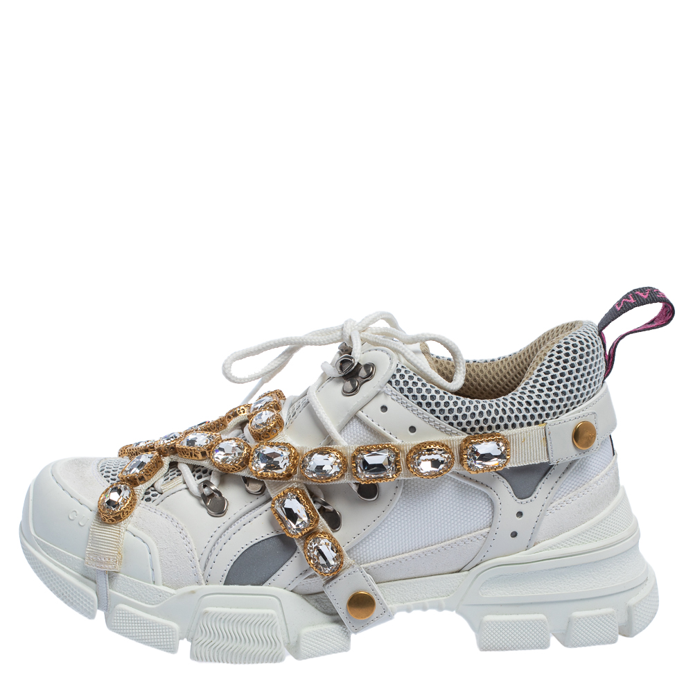 

Gucci White Leather And Mesh Flashtrek Removable Crystals Sneaker Size