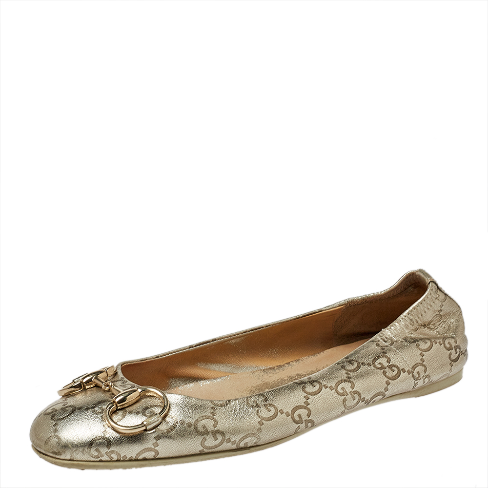 Pre-owned Gucci Ssima Leather Horsebit Ballet Flats Size 38 In Gold