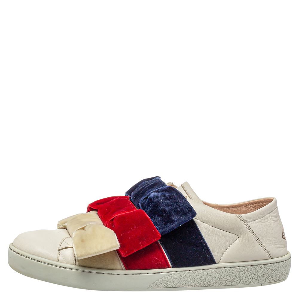 

Gucci White Bow Velvet And Leather New Ace Low Top Sneakers Size