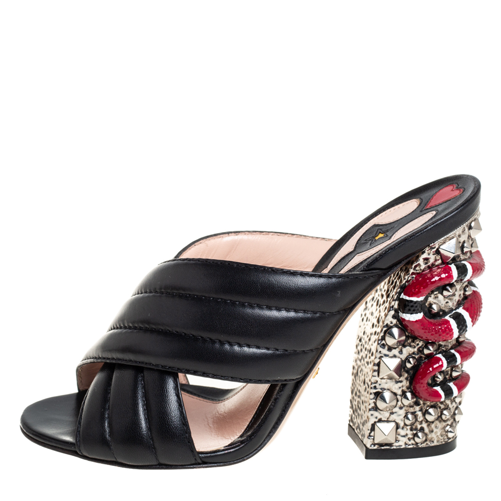 

Gucci Black Quilted Leather Snake Embellished Slide Sandals Size