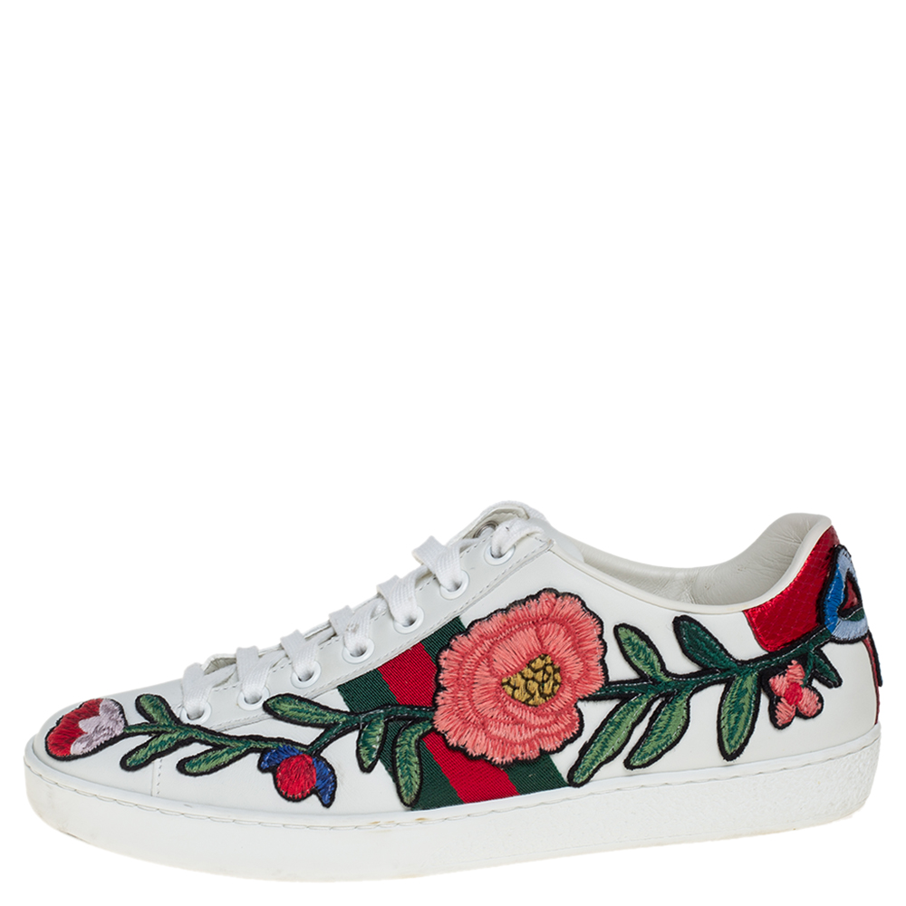 

Gucci White Floral Embroidered Leather Ace Low Top Sneakers Size