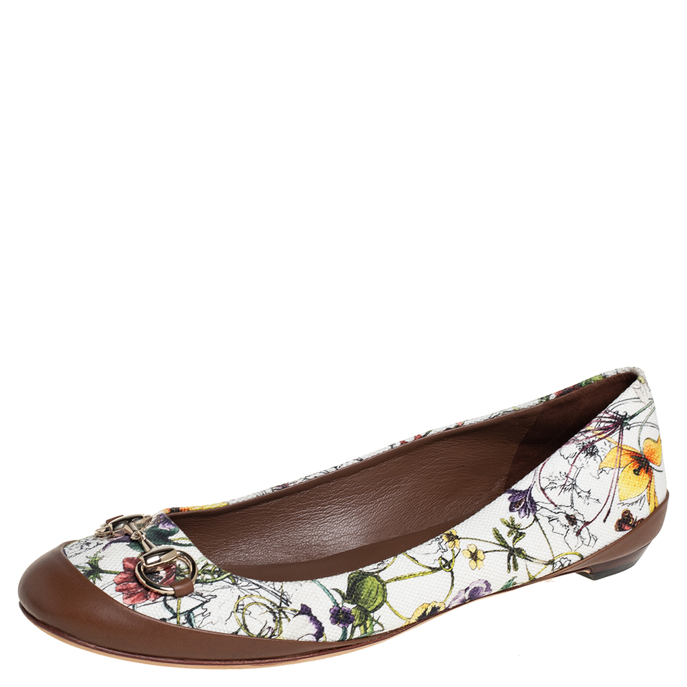 Pre-owned Gucci Multicolor Flora Canvas And Leather Horsebit Ballet Flats Size 40