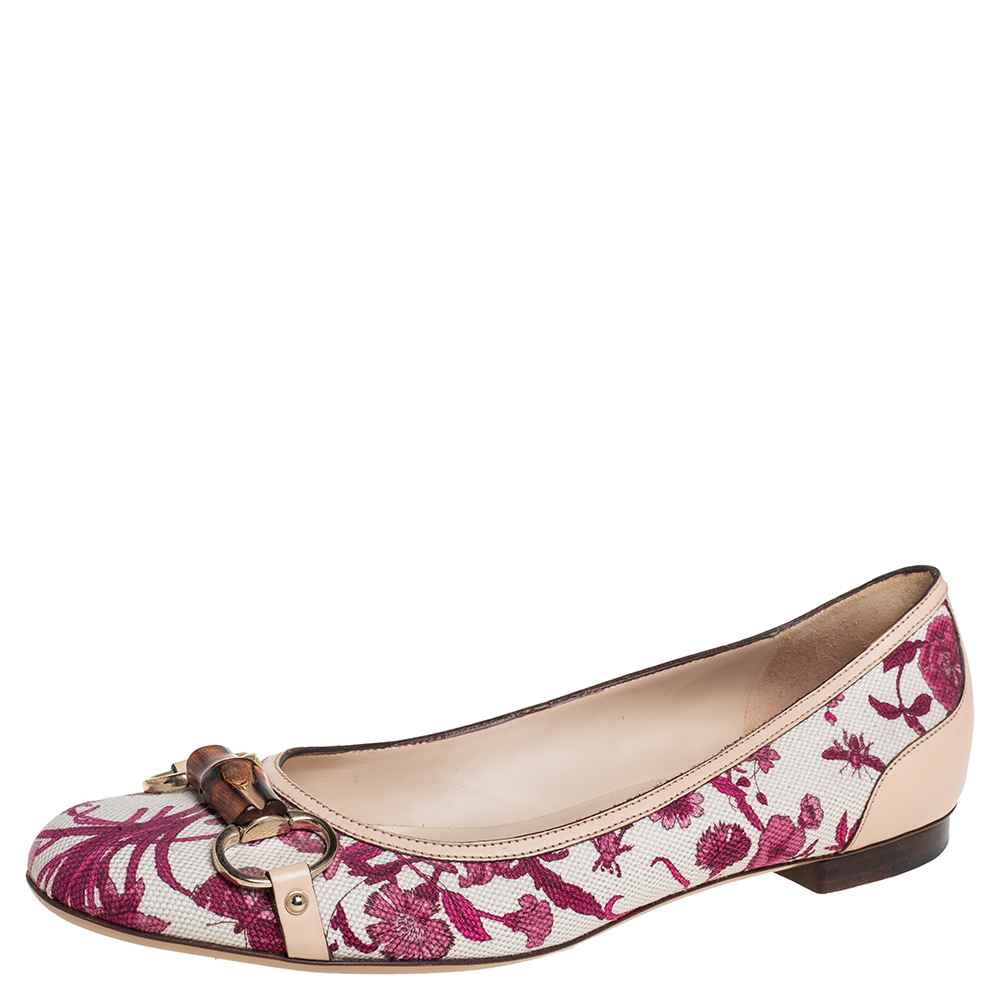 Pre-owned Gucci Beige/red Flora Canvas And Leather Bamboo Bit Ballet Flats Size 41
