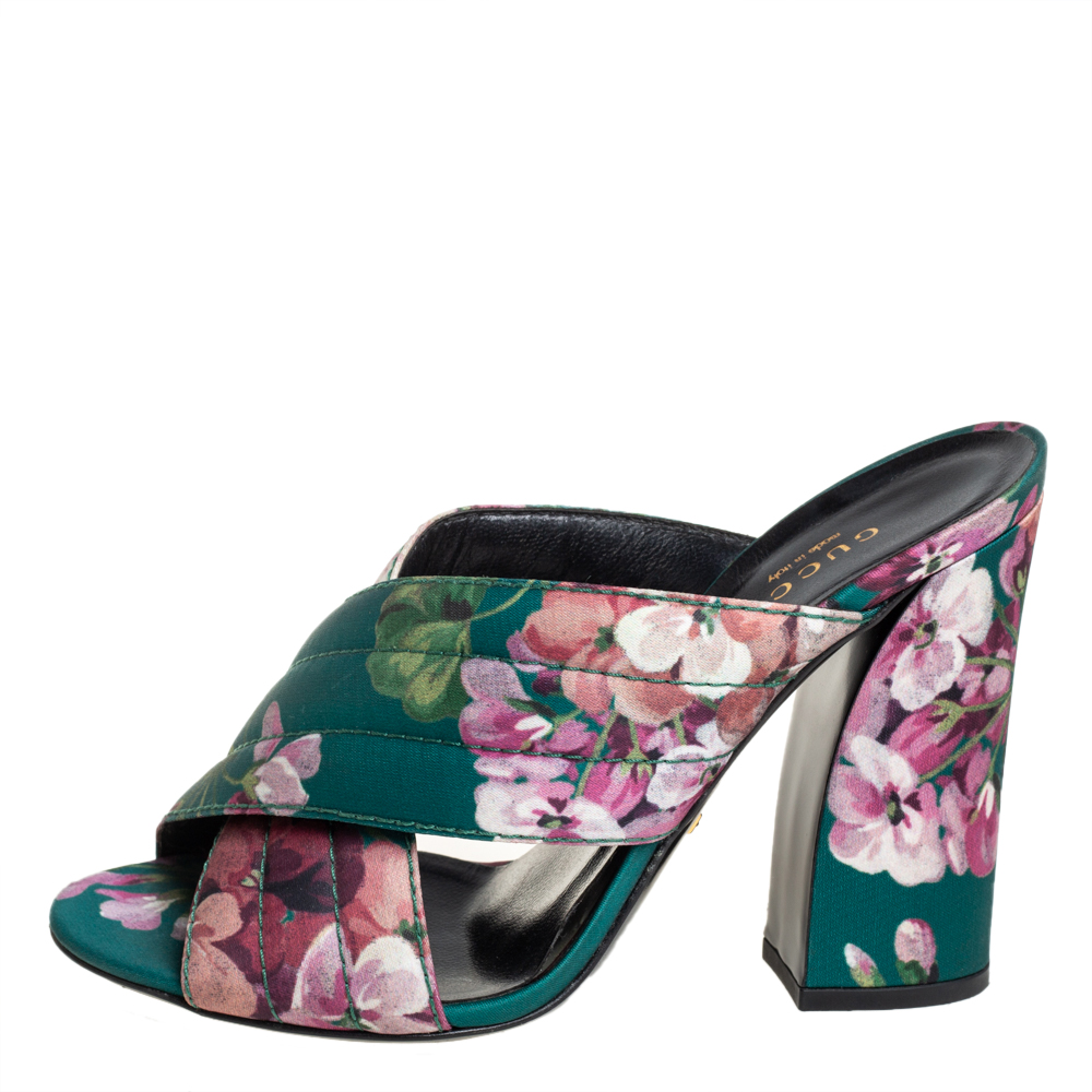 

Gucci Green Floral Satin Crossover Mules Sandals Size