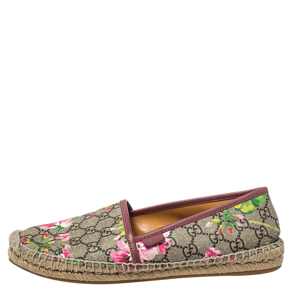 

Gucci Beige/Burgundy Canvas And Leather Flora Slip On Espadrilles Flats Size