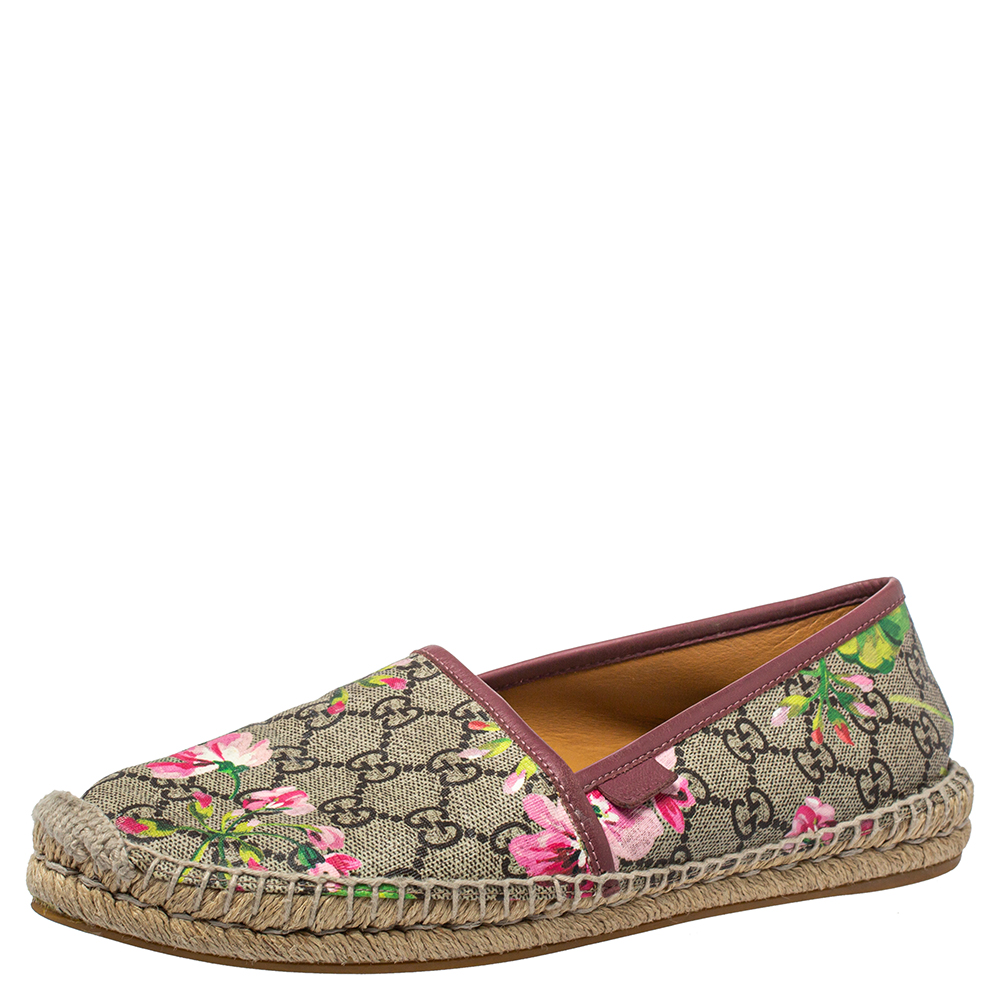 Pre-owned Gucci Beige/burgundy Canvas And Leather Flora Slip On Espadrilles Flats Size 40.5