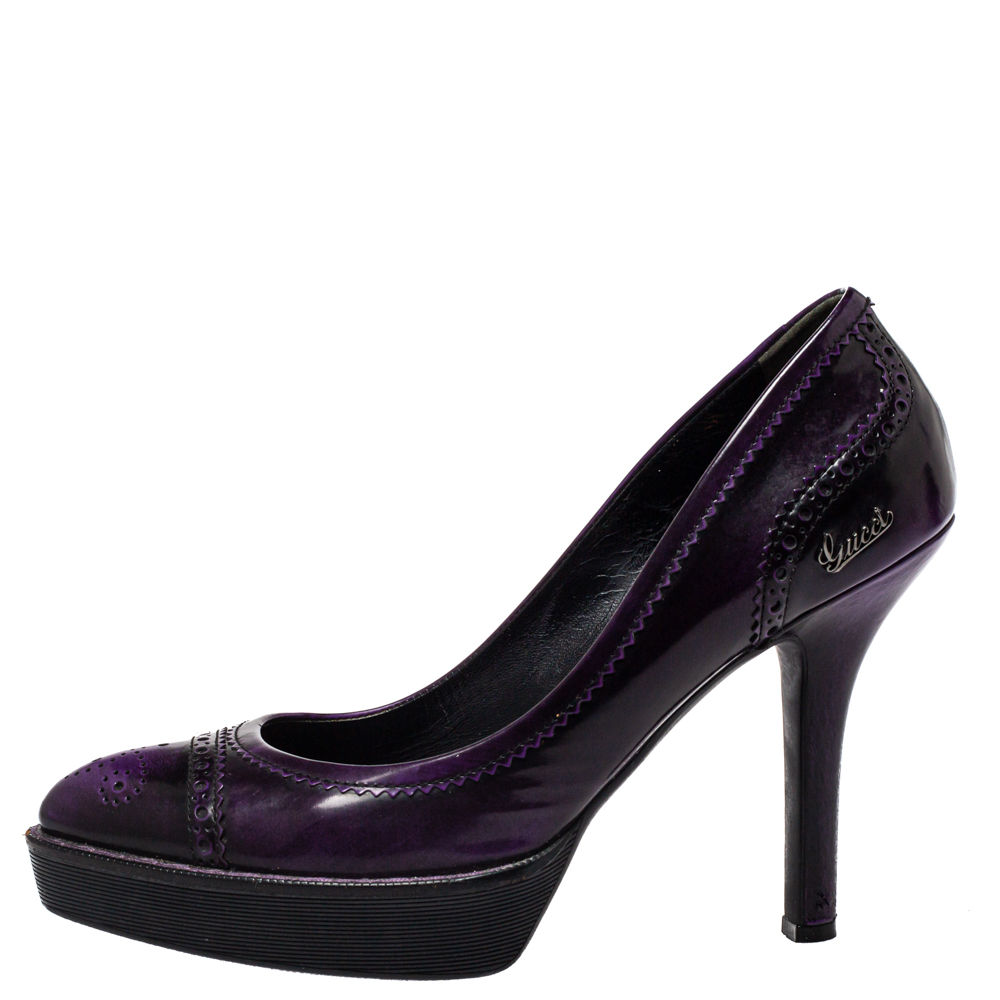 

Gucci Purple Brogue Leather Cap Toe Platform Pumps Size
