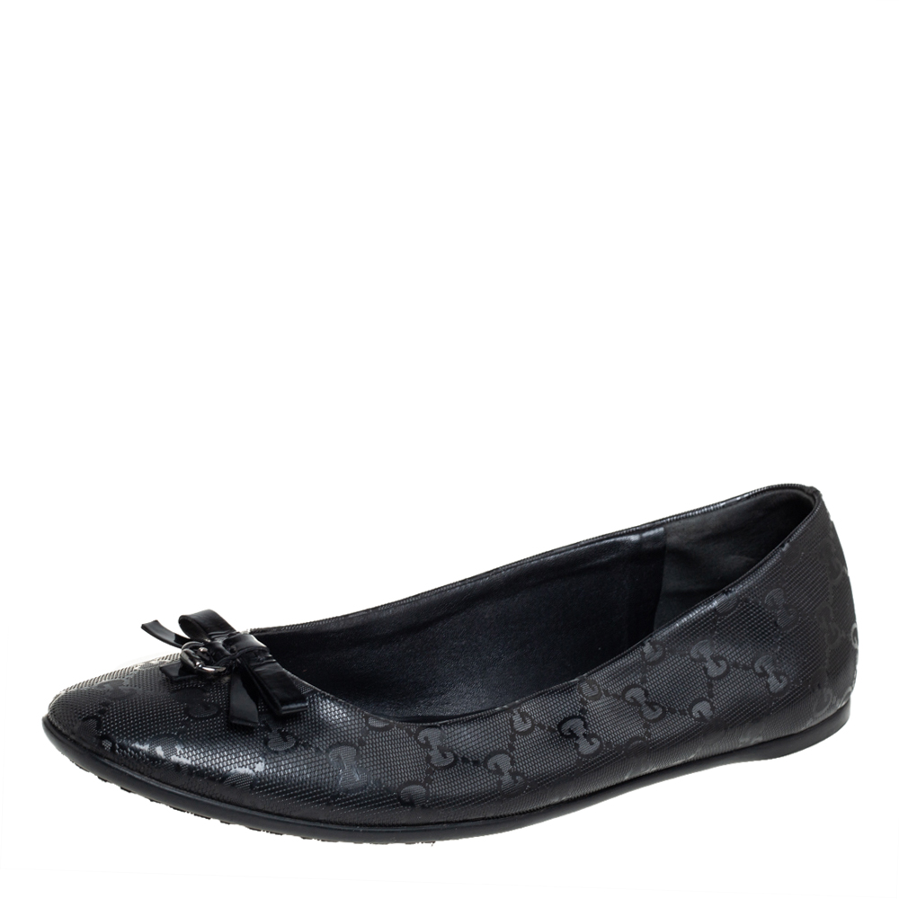 Pre-owned Gucci Black Imprime Leather Bow Ballet Flats Size 41