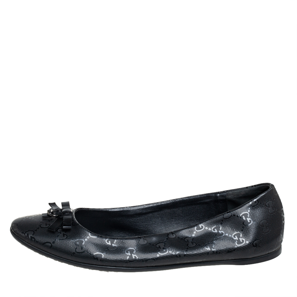 

Gucci Black Imprime Leather Bow Ballet Flats Size
