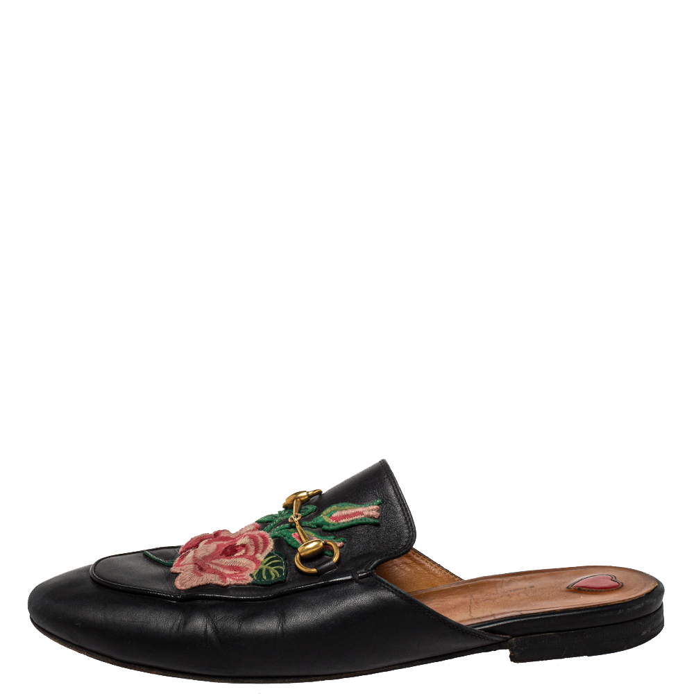 

Gucci Black Leather Rose Embroidered Princetown Flat Mules Size