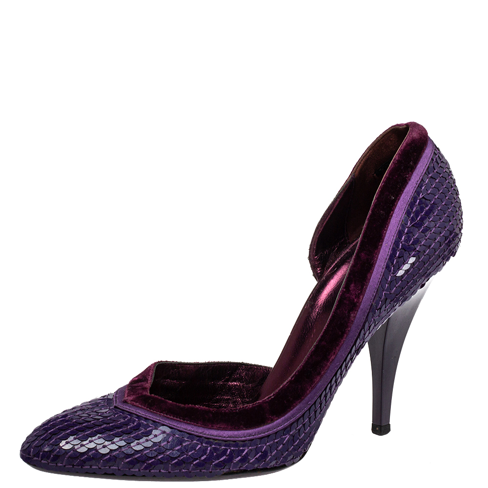 Pre-owned Gucci Purple Sequined Satin And Velvet Half D'orsay Pumps Size 38.5