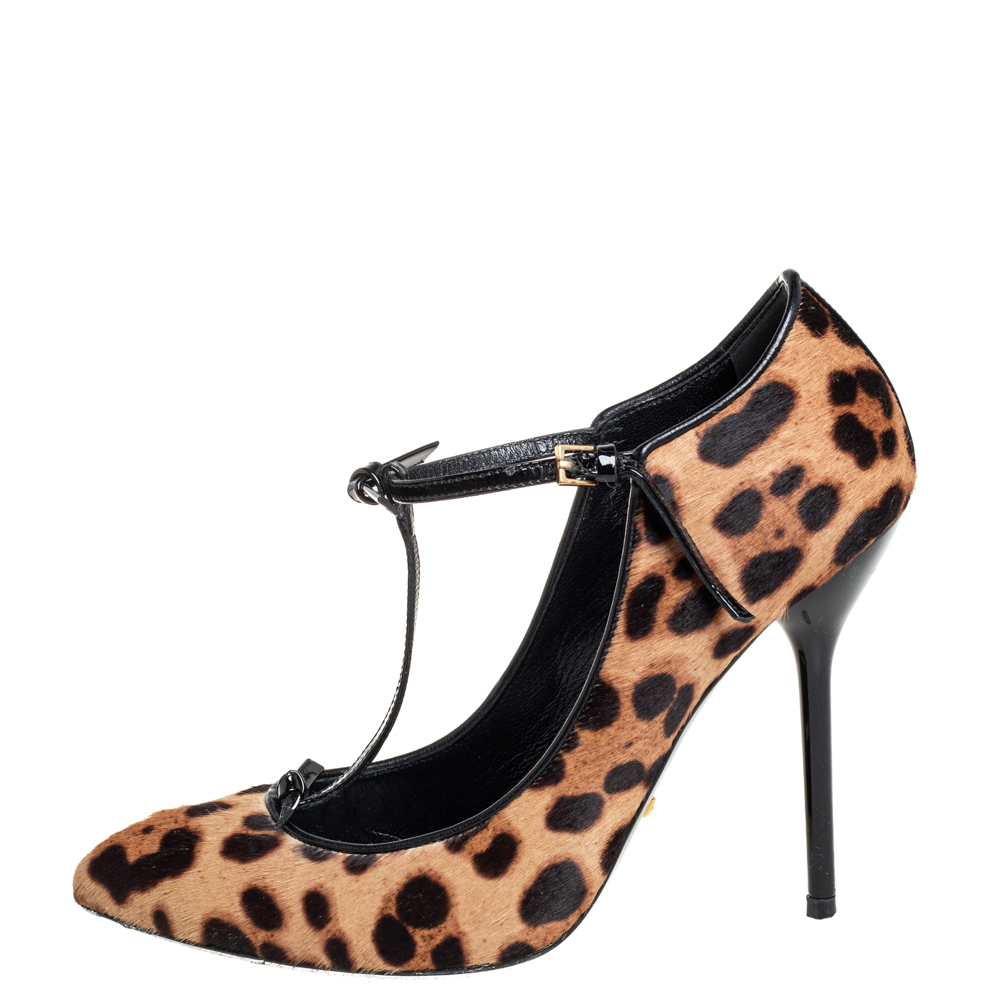 

Gucci Brown Leopard Print Calf Hair Beverly T Strap Pumps Size