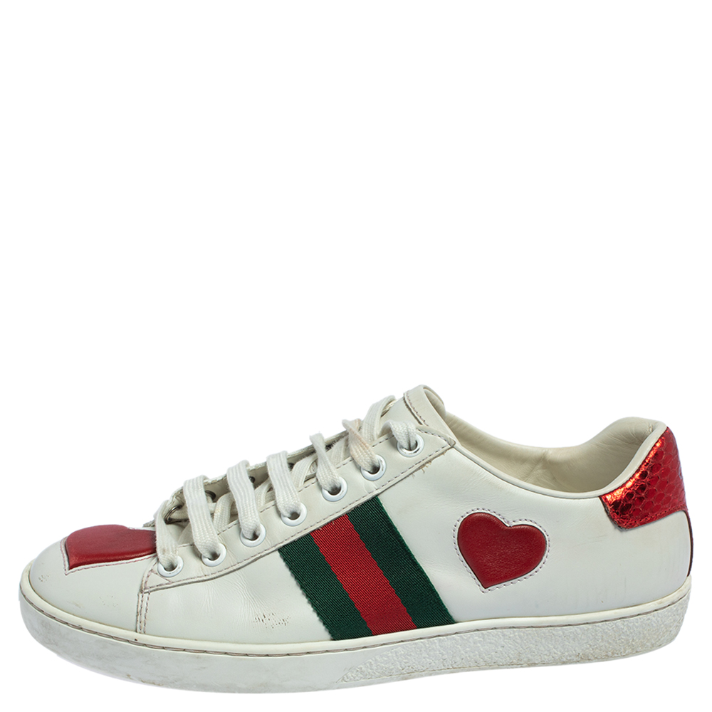 

Gucci White Leather Ace Web Heart Detail Lace Up Sneakers Size