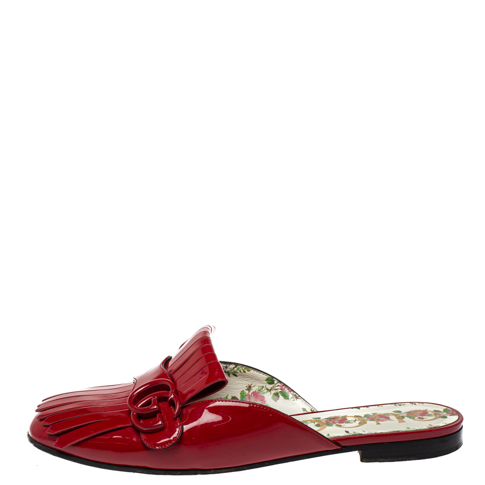 

Gucci Red Patent Leather GG Marmont Fringe Mules Size