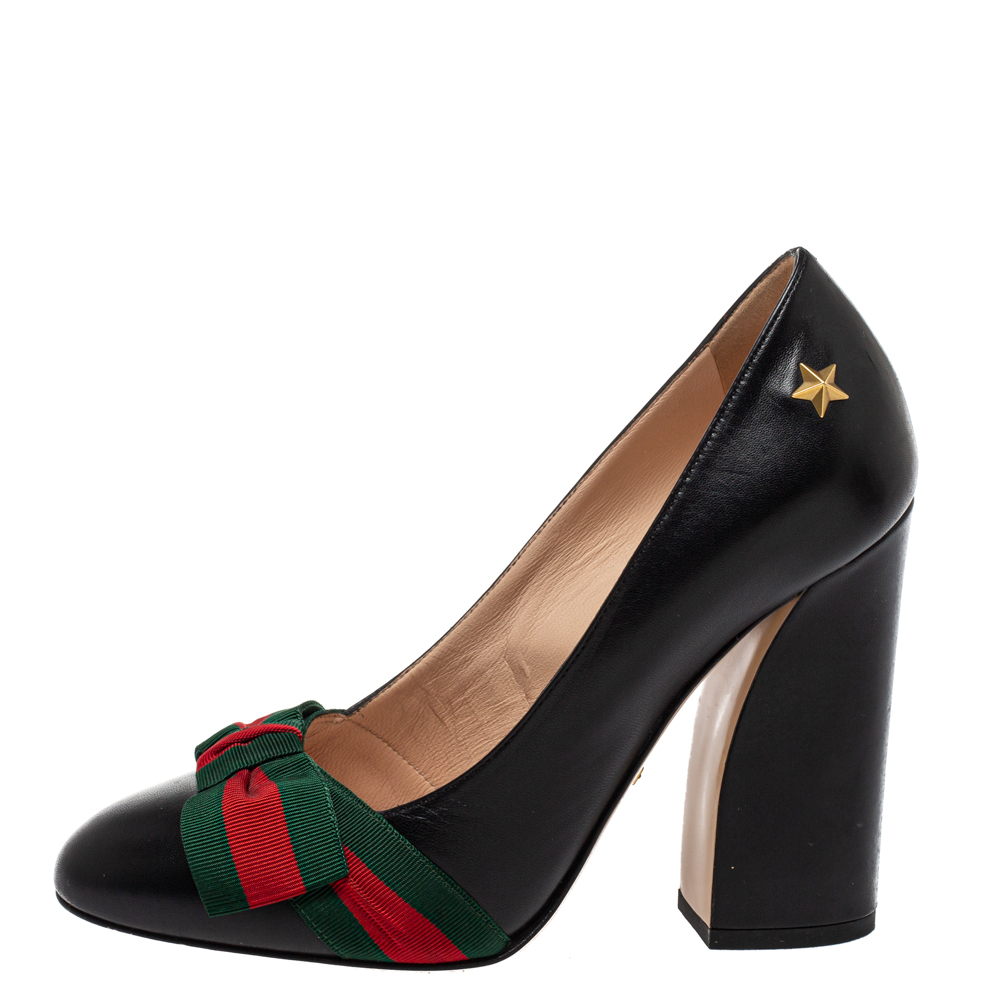 

Gucci Black Leather Web Bow Block Heel Pumps Size