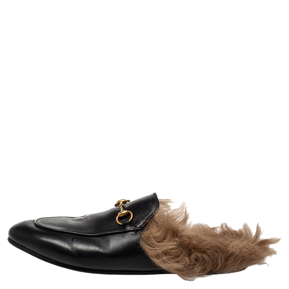 

Gucci Black Leather And Fur Princetown Mule Sandals Size