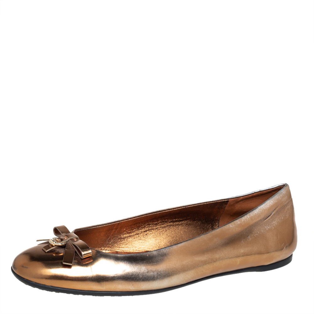 Pre-owned Gucci Gold Leather Slip On Bow Ballet Flats Size 39