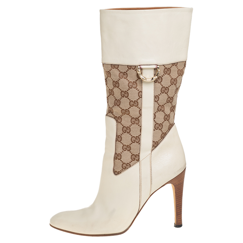 

Gucci Cream/Brown Leather And Canvas Mid Calf Boots Size