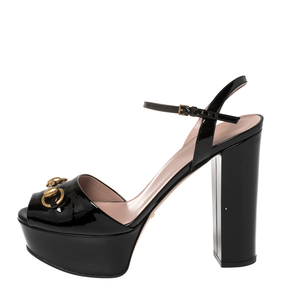 

Gucci Black Patent Leather Claudie Horsebit Peep Toe Platform Sandal Size