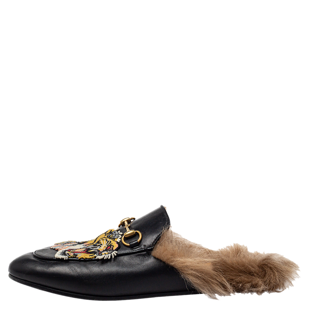 

Gucci Black Tiger Embroidered Leather And Fur Lined Princetown Horsebit Mules Size