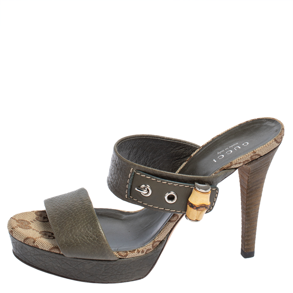 

Gucci Olive Green Leather Bamboo Slide Sandals Size 36