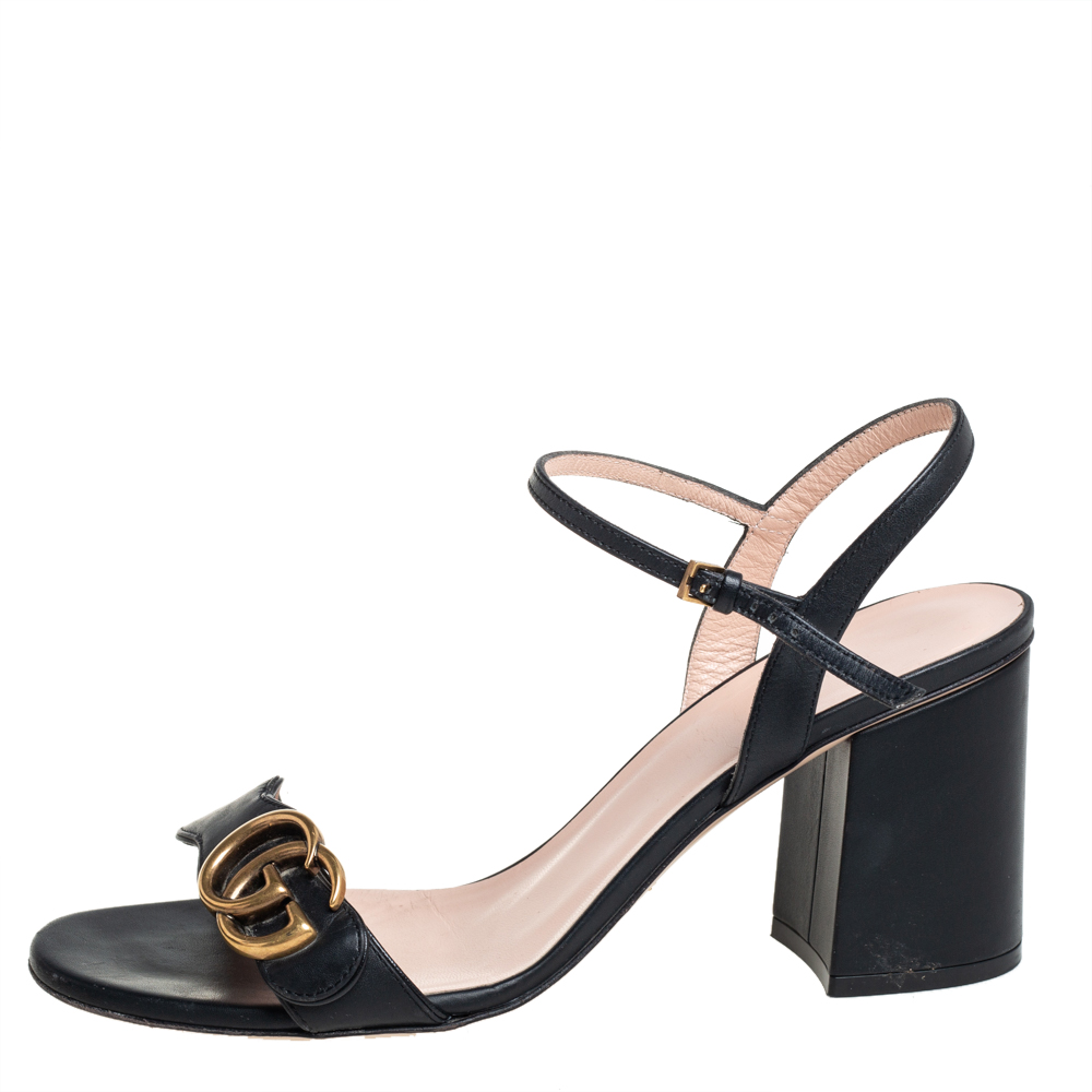 

Gucci Black Leather GG Marmont Block Heel Ankle Strap Sandals Size