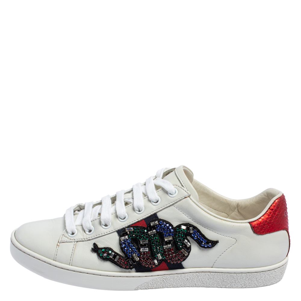 

Gucci White Leather Snake Embroidered Ace Sneakers Size