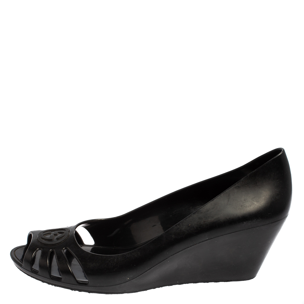

Gucci Black Rubber Peep Toe Wedge Pumps Size