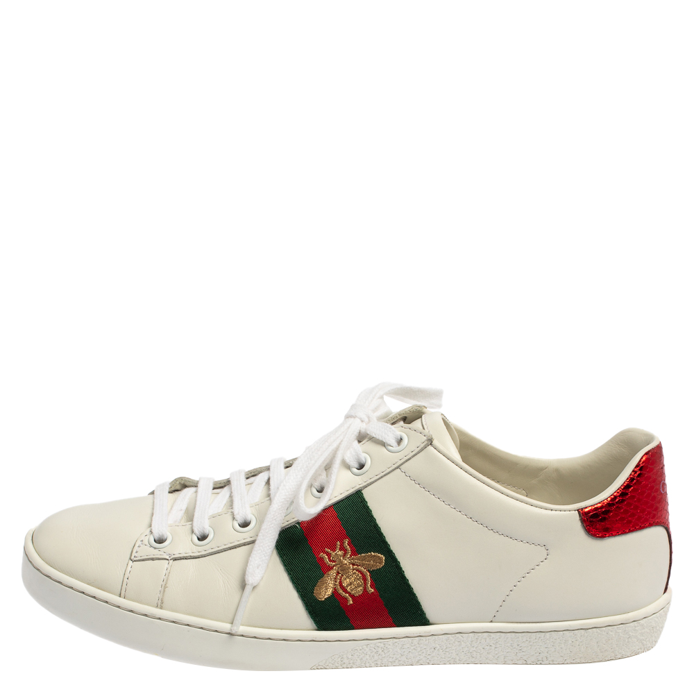 

Gucci White Leather And Python Embossed Leather Ace Bee Web Low Top Sneaker Size