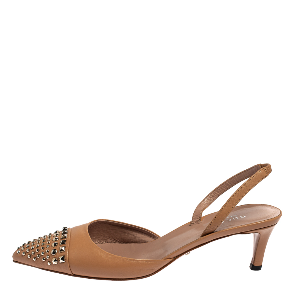 

Gucci Beige Leather Studded Pointed Toe Slingback Sandals Size