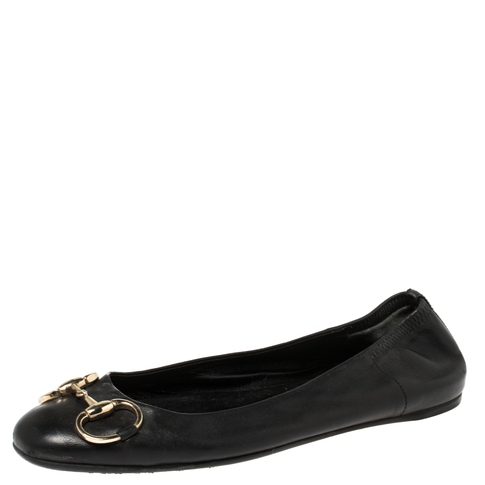 Pre-owned Gucci Black Leather Horsebit Ballet Flats Size 37.5