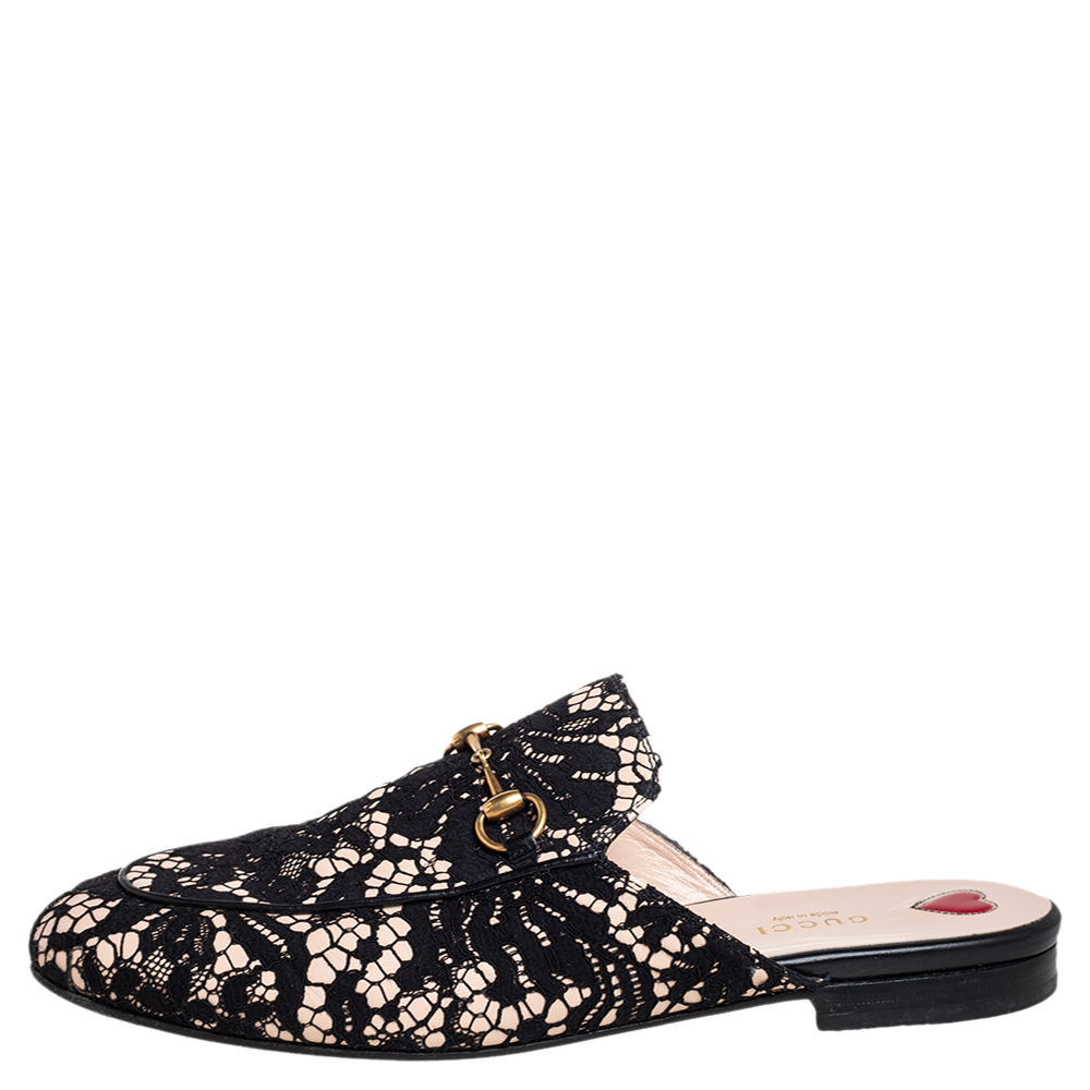 

Gucci Black/Pink Lace Princetown Mules Sandals Size
