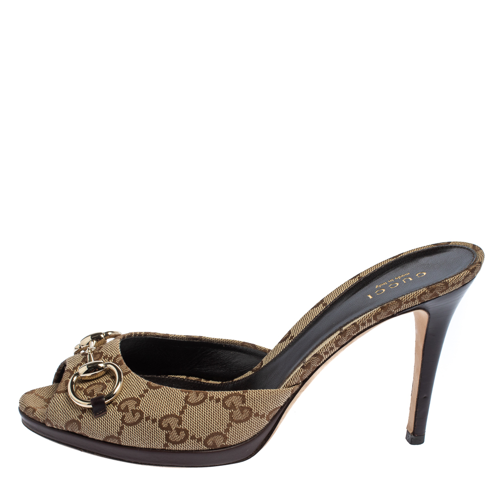 

Gucci Beige GG Canvas Horsebit Open Toe Sandals Size