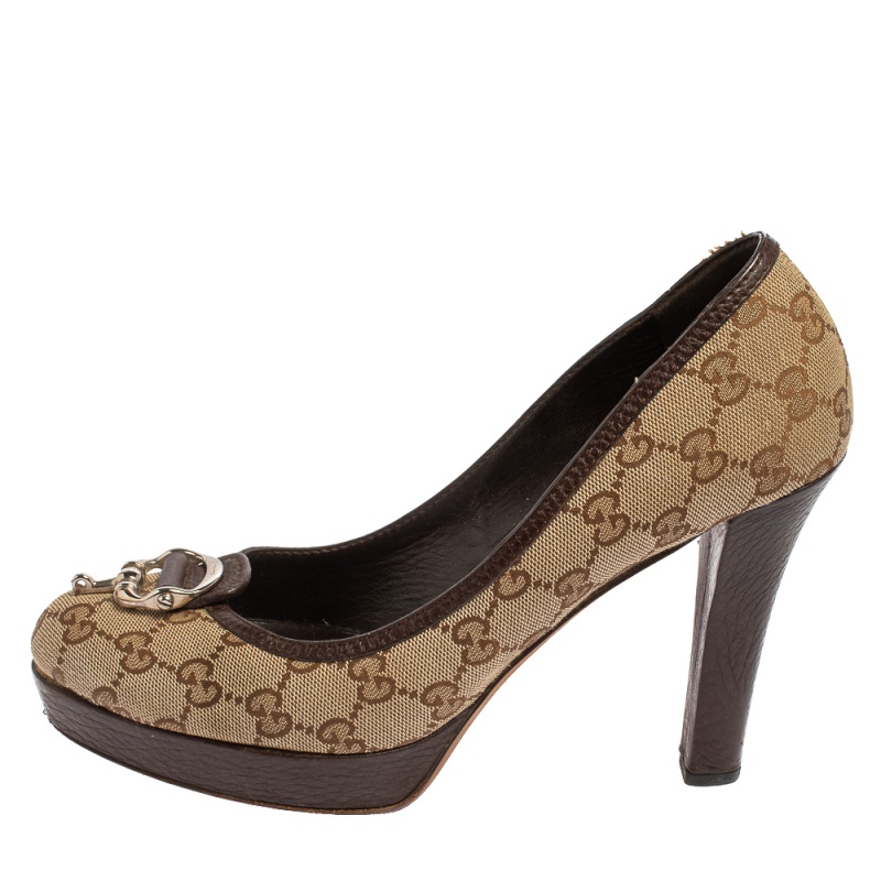 

Gucci Beige/Brown GG Canvas Horsebit Platform Pumps Size