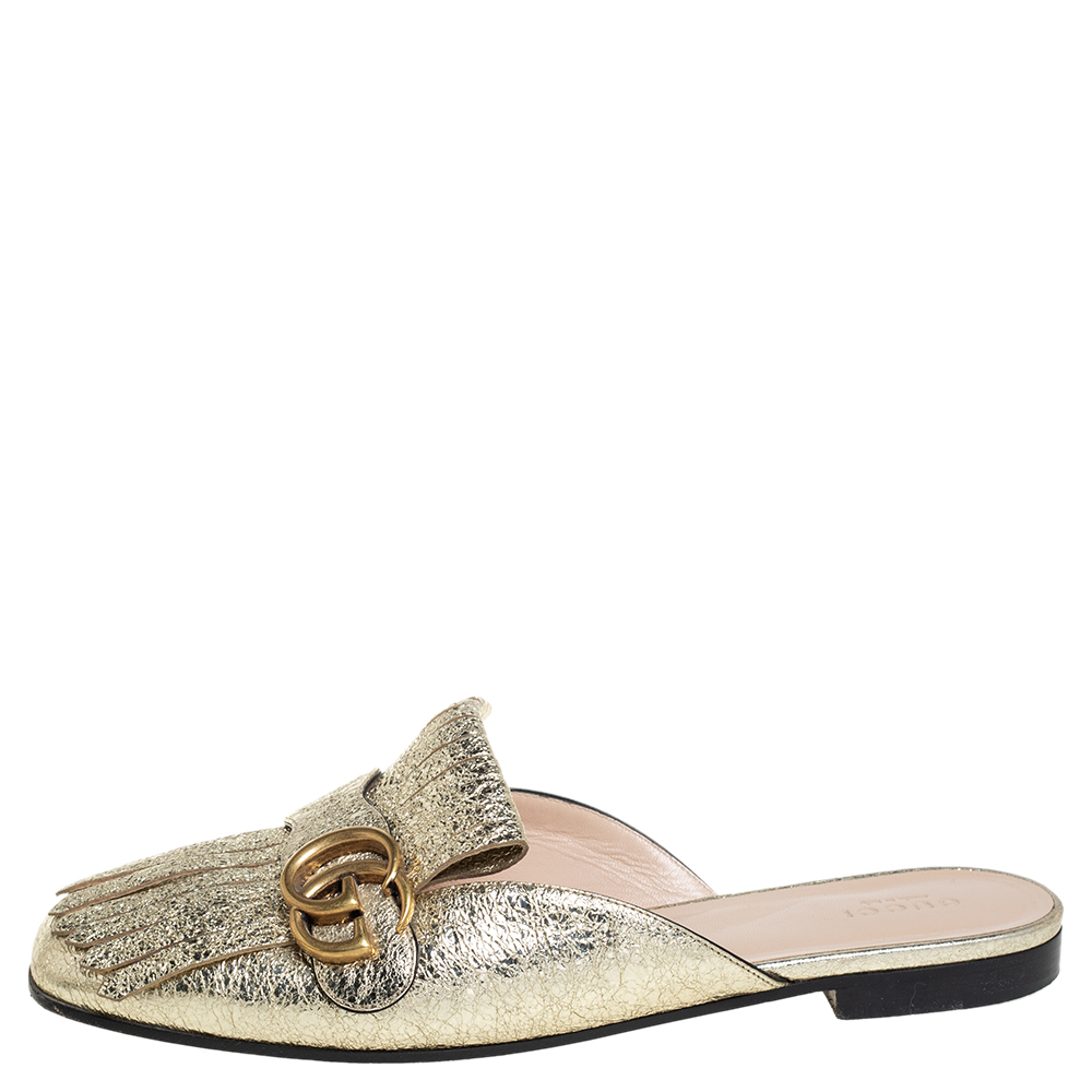 

Gucci Metallic Gold Foil Leather GG Marmont Kiltie Mules Size