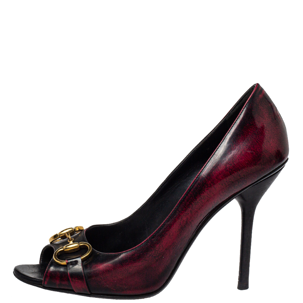 

Gucci Black/Red Leather Horsebit Peep Toe Pumps Size
