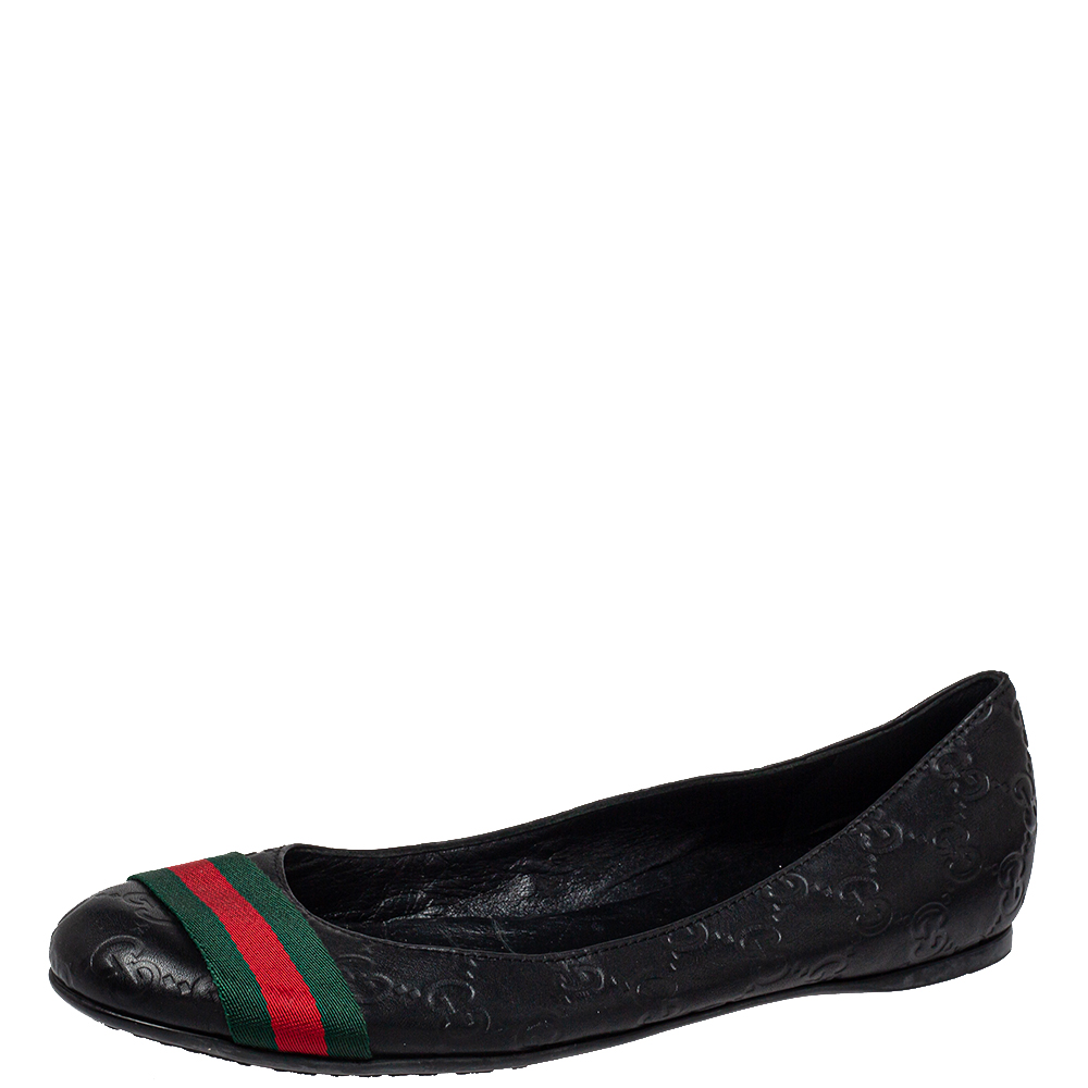 Pre-owned Gucci Black Leather Web Ballet Flats Size 38.5