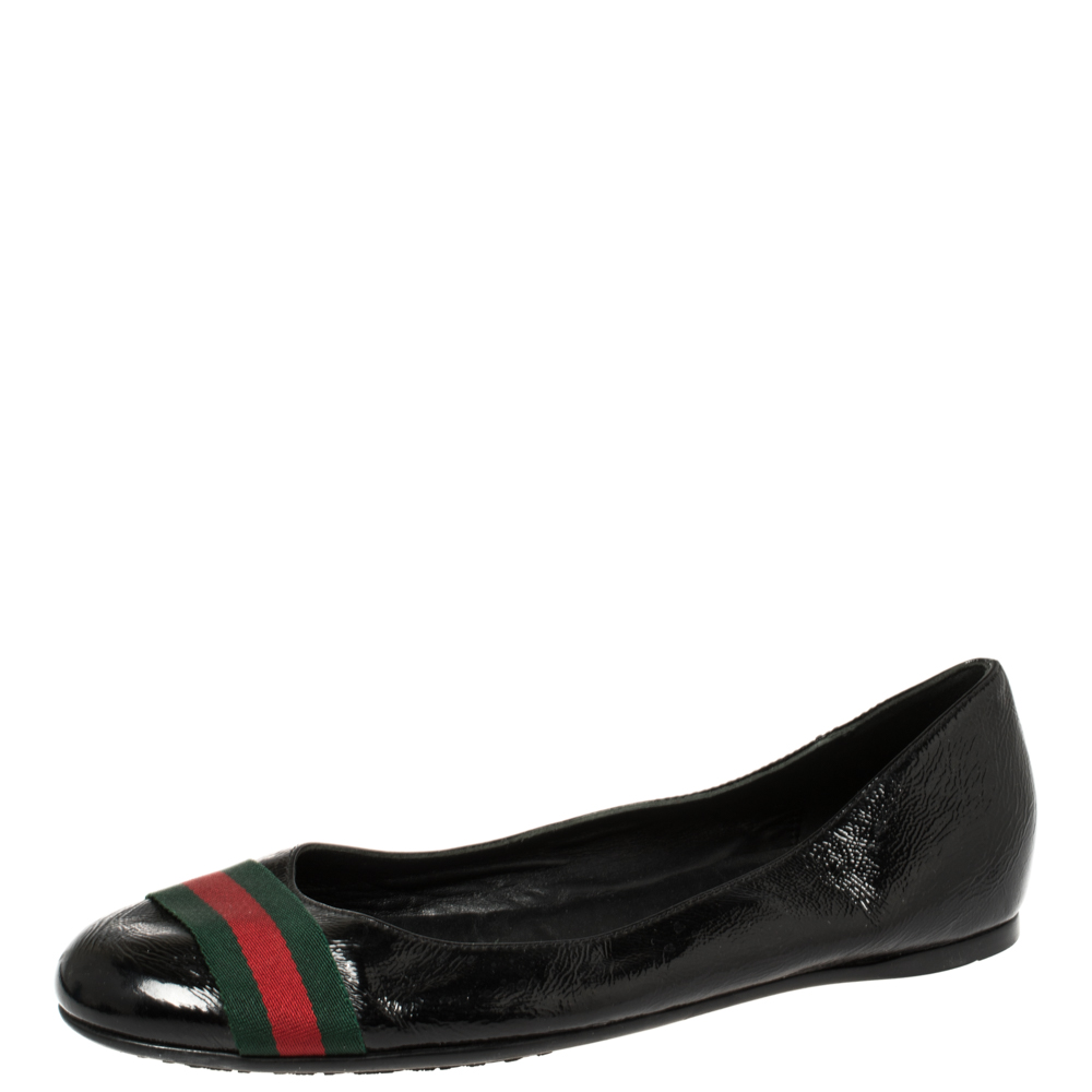 Pre-owned Gucci Black Patent Leather Web Ballet Flats Size 41