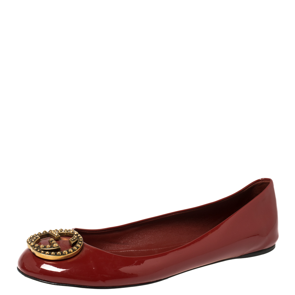 Pre-owned Gucci Red Patent Leather Studded Interlocking Gg Ballet Flats Size 37.5