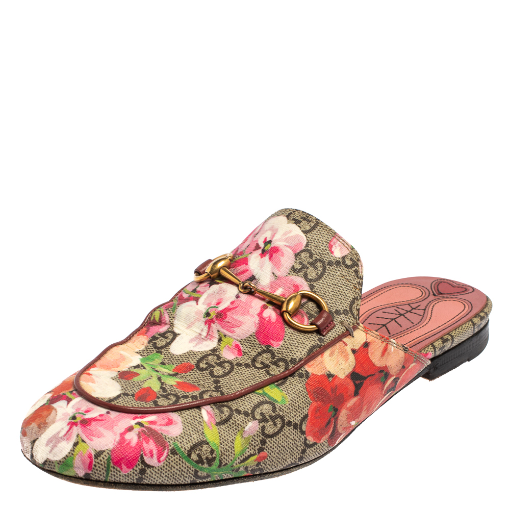 Pre-owned Gucci Beige Blooms Printed Gg Canvas Princetown Mules Sandals Size 38