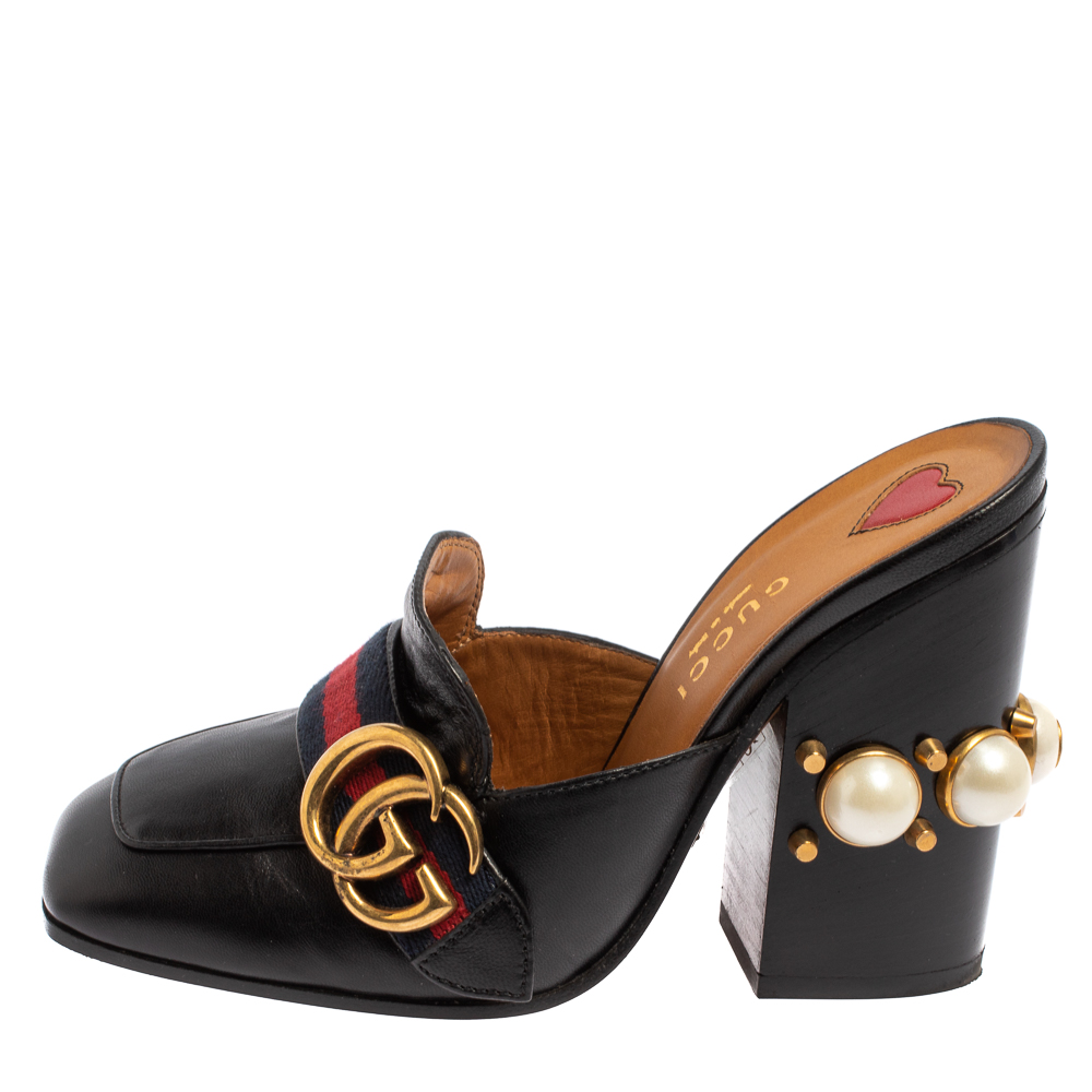 

Gucci Black Leather GG Pearl Embellished Web Detail Loafer Mule Sandals Size