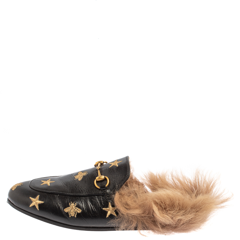 

Gucci Black Bee And Star Embroidered Leather Fur Lined Princetown Horsebit Mules Size