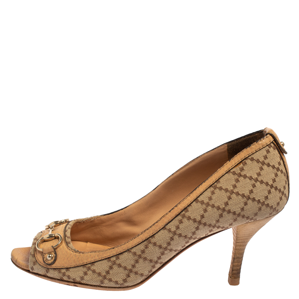 

Gucci Beige/Brown Diamante Canvas And Leather Horsebit Peep Toe Pumps Size