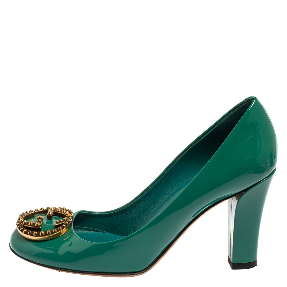Gucci Teal Green Patent Leather GG Interlocking Pumps Size