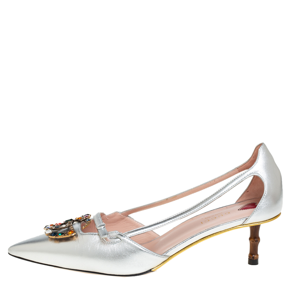 

Gucci Silver Leather GG Crystal Bamboo Heel Pumps Size