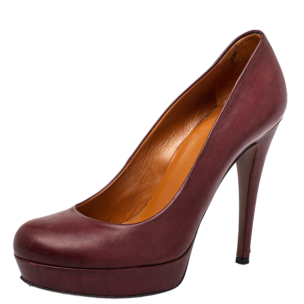 Pre-owned Gucci Brown Leather Betty Platform Pumps Size 36.5 In Burgundy