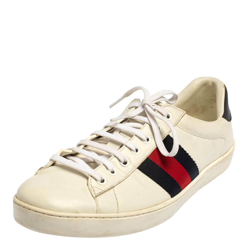Pre-owned Gucci White Leather And Fabric Web Ace Sneakers Size 43