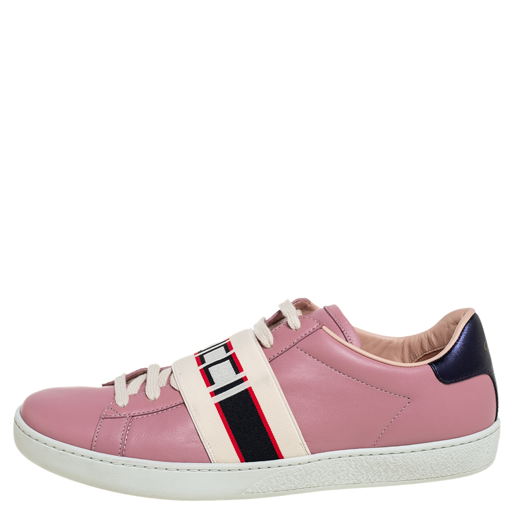 

Gucci Pink Leather Ace Gucci Stripe Low Top Sneakers Size