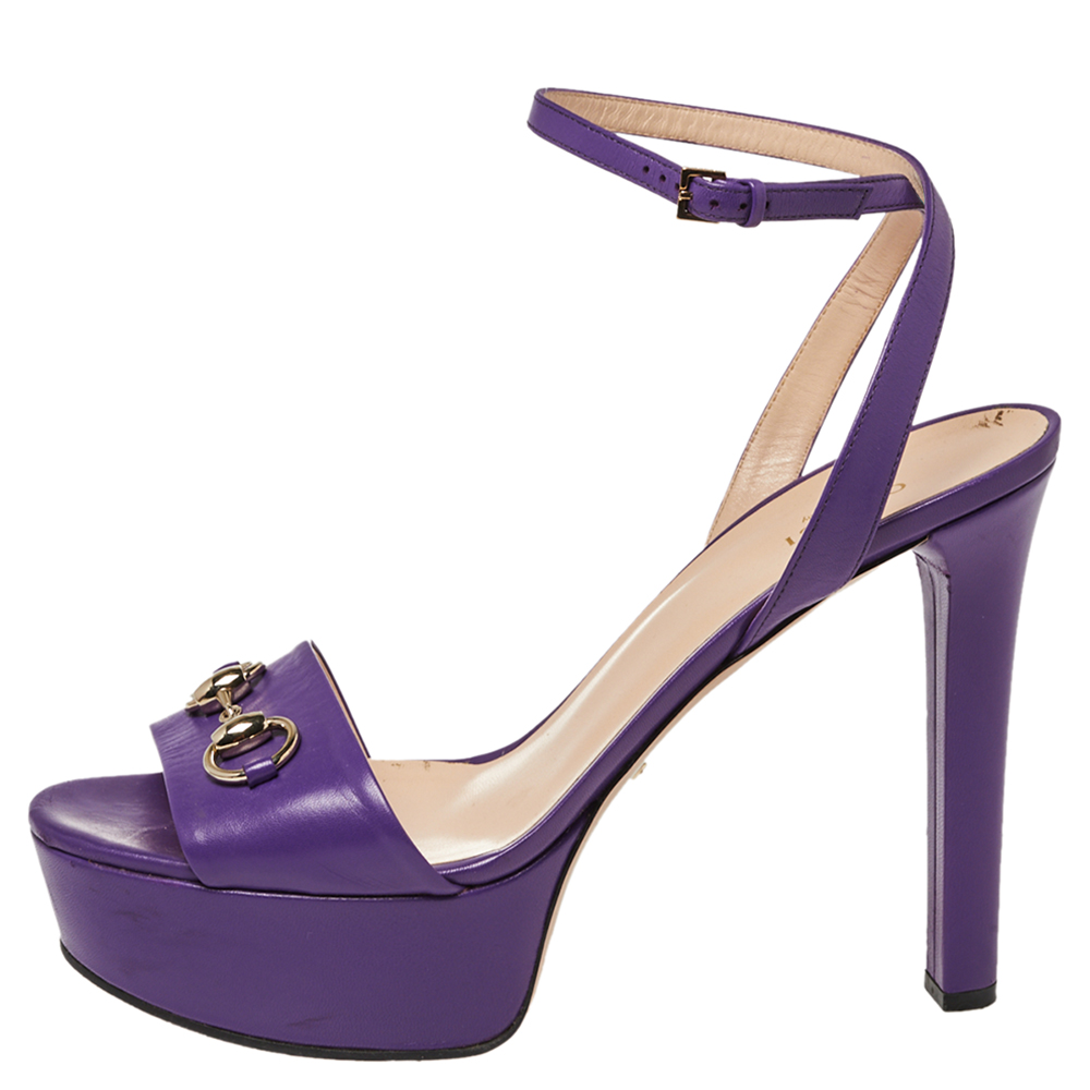 

Gucci Purple Leather Claudie Horsebit Peep Toe Platform Sandals Size